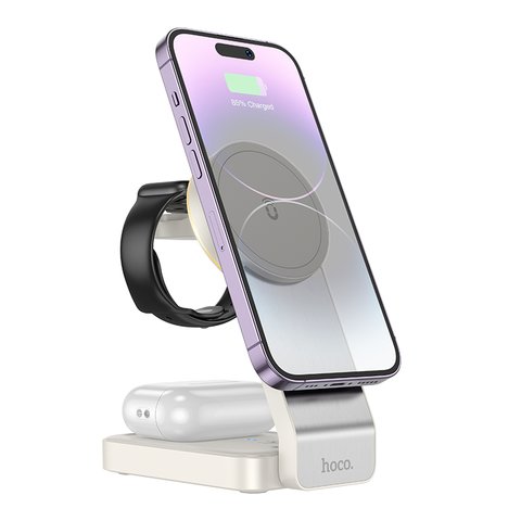 Беспроводное зарядное устройство Hoco CQ3 3-in-1, Quick Charge, белое, USB тип-C, 15 Вт, раскладное, портативный, магнитное, #6942007602341 Превью 1