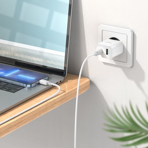 Сетевое зарядное устройство Hoco C80A Plus, 20 Вт, Power Delivery (PD), белый, с кабелем Lightning для Apple, 2 порта, #6931474779892 Превью 2