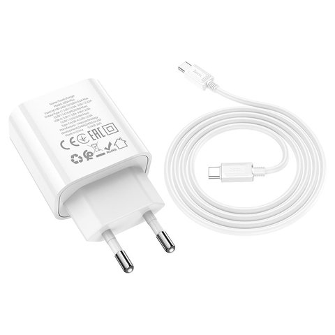 Мережевий зарядний пристрій Hoco C80A Plus, 20 Вт, Power Delivery (PD), білий, з кабелем USB тип-C до USB тип-C, 2 порта, #6931474779908 Прев'ю 1