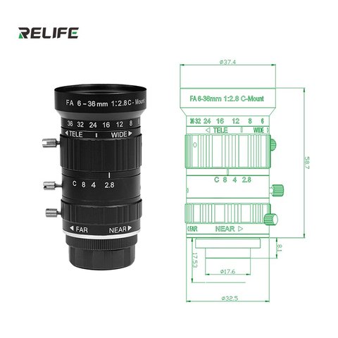 Об'єктив RELIFE MB1, лінза на камеру, з оптичним зумом, 6-36mm; 12MP; F2.8-C; C-Mount Прев'ю 5
