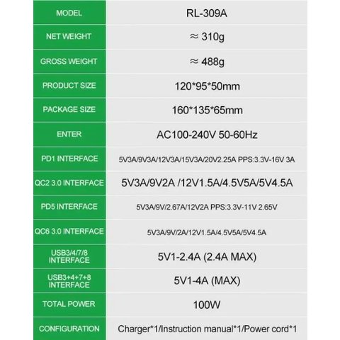 Mains Charger RELIFE RL-309A, (100 W, Power Delivery (PD), with LCD, 8 ports) Preview 6