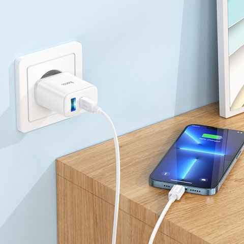 Adaptador de red Hoco C105A, 20 W, Power Delivery (PD), blanco, con cable USB tipo C - Lightning para Apple, 2 puertos, #6931474782939 Vista previa  3