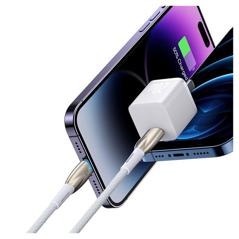USB кабель Baseus Glimmer, USB тип-C, Lightning, 100 см, 20 Вт, білий, з індикатором, в нейлоновому обплетенні, #CADH000002 Прев'ю 2