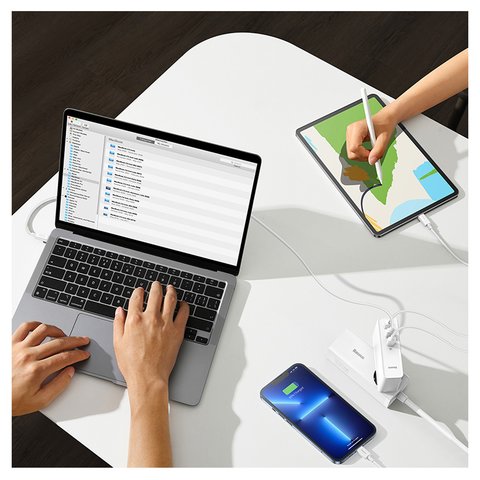 Мережевий зарядний пристрій Baseus GaN5 Pro, 140 Вт, Quick Charge, білий, з кабелем USB тип-C до USB тип-C, 3 порта, #CCGP100202 Прев'ю 2