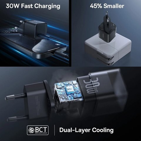 Мережевий зарядний пристрій Baseus GaN5S, 30 Вт, Fast Charge, чорний, 1 порт, #P10162504113-00 Прев'ю 2