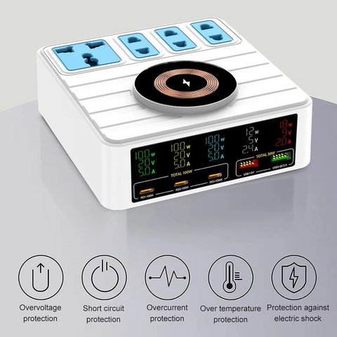Мережевий зарядний пристрій Kingmax WLX-H13, 140 Вт, Wireless Charge, Quick Charge, Power Delivery (PD), з розеткою, 5 портів, 10 in 1 Прев'ю 2